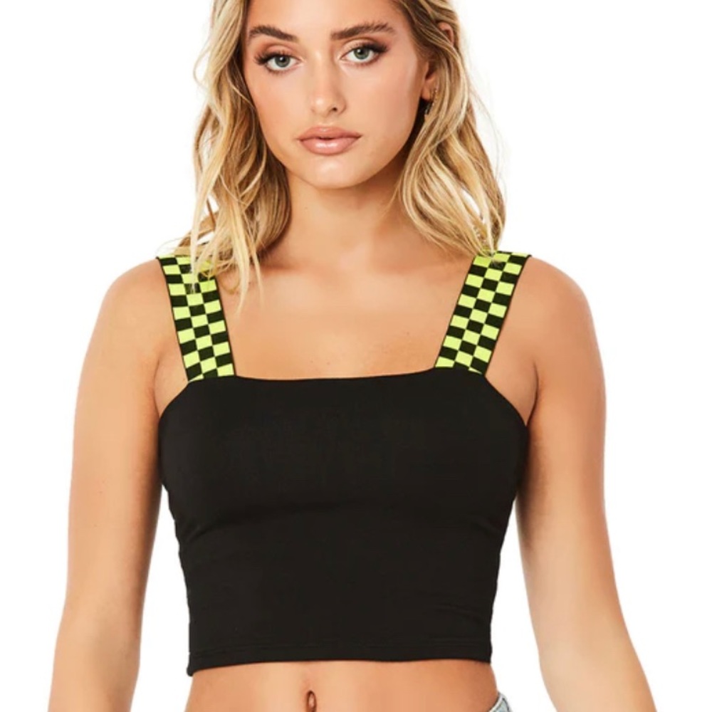 LF Black Crop Top with Neon Green Checkerboard Straps
